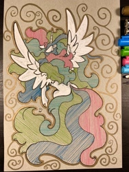 Size: 1536x2048 | Tagged: safe, artist:greyscaleart, imported from derpibooru, princess celestia, alicorn, pony, eyes closed, female, long mane, long tail, majestic, mare, missing cutie mark, solo, spread wings, traditional art, wings