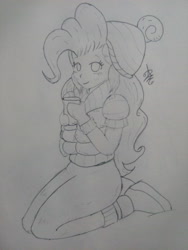 Size: 2448x3264 | Tagged: safe, artist:12alvaro, imported from derpibooru, pinkie pie, equestria girls, clothes, female, jacket, monochrome, solo, traditional art