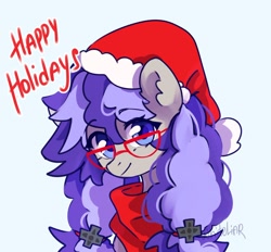 Size: 1482x1377 | Tagged: safe, artist:whiteliar, imported from derpibooru, oc, oc only, oc:cinnabyte, earth pony, pony, adorkable, bandana, christmas, cinnabetes, cute, dork, earth pony oc, female, glasses, hat, holiday, mare, meganekko, santa hat