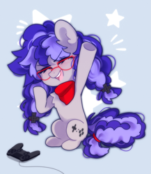 Size: 1205x1391 | Tagged: safe, artist:whiteliar, imported from derpibooru, oc, oc only, oc:cinnabyte, earth pony, pony, adorkable, bandana, cheer, cinnabetes, controller, cute, dork, earth pony oc, excited, gamer, glasses, meganekko, precious