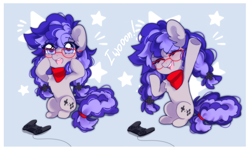 Size: 2428x1456 | Tagged: safe, artist:whiteliar, imported from derpibooru, oc, oc only, oc:cinnabyte, earth pony, pony, adorkable, bandana, cheer, cinnabetes, controller, cute, dork, earth pony oc, excited, gamer, glasses, meganekko, precious