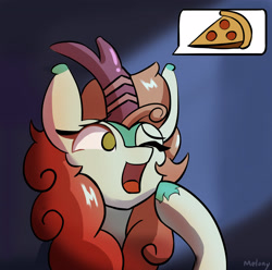 Size: 2744x2721 | Tagged: safe, artist:melony98, imported from derpibooru, autumn blaze, kirin, feed me, female, food, high res, hoof on cheek, mare, meat, one eye closed, pepperoni, pepperoni pizza, pictogram, pizza, solo, speech bubble