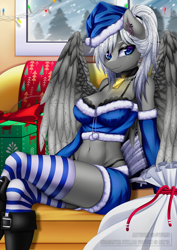 Size: 1200x1697 | Tagged: safe, artist:gyuumu, imported from derpibooru, oc, oc only, oc:stellar phoenix, anthro, pegasus, anthro oc, belly button, boots, bra strap, choker, christmas, christmas lights, clothes, ear fluff, ear piercing, earring, female, frilly underwear, gloves, hat, holiday, jewelry, long gloves, looking at you, mare, midriff, outfit, panties, piercing, shoes, socks, stockings, strapless, striped socks, thigh highs, thong, tube top, underwear, wings, winter