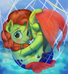 Size: 1500x1645 | Tagged: safe, artist:drafthoof, imported from derpibooru, oc, oc only, oc:oil drop, seapony (g4), blushing, hug, looking at you, net, seaponified, smiling, solo, species swap, tail hug