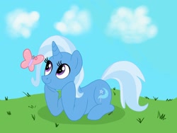 Size: 2048x1536 | Tagged: safe, artist:kazzysart, imported from derpibooru, trixie, butterfly, pony, unicorn, cloud, cute, diatrixes, female, grass, head in hooves, lying down, mare, prone, sky, smiling, solo