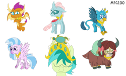 Size: 1024x624 | Tagged: safe, artist:mixelfangirl100, imported from derpibooru, gallus, ocellus, sandbar, silverstream, smolder, yona, changedling, changeling, classical hippogriff, dragon, earth pony, griffon, hippogriff, pony, yak, alternate universe, crown, dragoness, element of generosity, element of honesty, element of kindness, element of laughter, element of loyalty, element of magic, elements of harmony, female, jewelry, necklace, prince sandbar, regalia, simple background, speedpaint, student six, transparent background, watermark