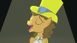 Size: 1920x1080 | Tagged: safe, imported from derpibooru, screencap, cheese sandwich, pony, the last laugh, clothes, eyes closed, hat, jewelry, male, necklace, open mouth, singing, solo, spotlight, top hat