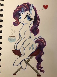 Size: 632x843 | Tagged: safe, artist:galinn-arts, imported from derpibooru, rarity, unicorn, belly button, chest fluff, coffee, crossed legs, cute, ear fluff, sitting, smiling, traditional art