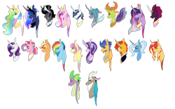 Size: 4000x2479 | Tagged: safe, artist:thehappiestgolucky, deleted from derpibooru, imported from derpibooru, applejack, discord, fizzlepop berrytwist, flash sentry, fluttershy, king sombra, pinkie pie, princess cadance, princess celestia, princess luna, queen chrysalis, rainbow dash, rarity, shining armor, spike, starlight glimmer, sunburst, sunset shimmer, tempest shadow, trixie, twilight sparkle, alicorn, changedling, changeling, draconequus, dragon, earth pony, pegasus, pony, unicorn, alternate design, bust, high res, mane seven, mane six, simple background, transparent background, twilight sparkle (alicorn)