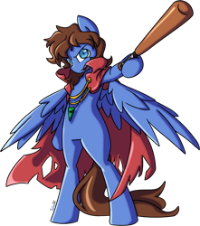 Size: 3142x3552 | Tagged: safe, artist:spheedc, imported from derpibooru, oc, oc only, oc:bizarre song, bat, pegasus, pony, semi-anthro, baseball bat, broken horn, cape, clothes, horn, jewelry, looking at you, messy mane, necklace, open mouth, simple background, solo, standing, transparent background, wings