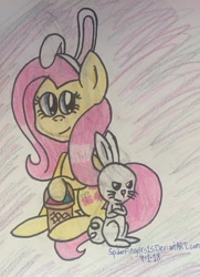 Size: 1024x1415 | Tagged: safe, artist:spiderfingers15, imported from derpibooru, angel bunny, fluttershy, pegasus, pony, angry, basket, bunny ears, bunnyshy, crossed arms, duo, headband, sitting, traditional art