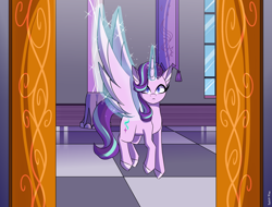 Size: 2100x1600 | Tagged: safe, artist:celes-969, artist:spirit-fire360, imported from derpibooru, starlight glimmer, alicorn, pony, alicornified, castle, female, flying, glowing horn, horn, large wings, looking at you, magic, mare, race swap, solo, starlicorn, wings, xk-class end-of-the-world scenario