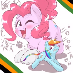 Size: 2048x2048 | Tagged: safe, artist:kurogewapony, imported from derpibooru, pinkie pie, rainbow dash, cat, mouse, pony, duo, female, japanese