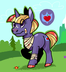 Size: 1214x1333 | Tagged: safe, artist:pumkinink1888, imported from derpibooru, oc, oc:diamond apple, pony, bandaid, eye clipping through hair, female, filly, flower, freckles, grass, offspring, parent:big macintosh, parent:twilight sparkle, parents:twimac, tree