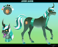 Size: 1170x943 | Tagged: safe, artist:bijutsuyoukai, imported from derpibooru, oc, oc only, oc:siren song, changepony, hybrid, pony, exoskeleton, magical lesbian spawn, male, offspring, parent:lyra heartstrings, parent:queen chrysalis, reference sheet, solo