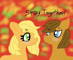 Size: 1012x828 | Tagged: safe, artist:kittycatrittycat, imported from derpibooru, applejack, caramel, earth pony, pony, comic:soarin to the rainbow, alternate timeline, blushing, carajack, crystal war timeline, female, freckles, jappleack, male, shipping, straight