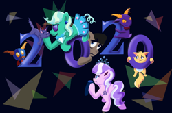 Size: 1900x1253 | Tagged: safe, artist:magerblutooth, imported from derpibooru, diamond tiara, filthy rich, oc, oc:aunt spoiled, oc:dazzle, oc:handy dandy, oc:il, oc:peal, cat, earth pony, imp, pony, comic:diamond and dazzle, 2020, happy new year, happy new year 2020, holiday