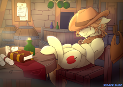 Size: 1792x1266 | Tagged: safe, artist:strafe blitz, imported from derpibooru, braeburn, earth pony, pony, barrel, book, bottle, candle, chair, male, scroll, sleeping, solo, stallion, table