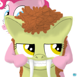 Size: 500x500 | Tagged: safe, artist:quint-t-w, imported from derpibooru, pinkie pie, oc, oc:pointy white, earth pony, original species, pony, sabertooth pony, annoyed, fangs, forced smile, old art, sharp teeth, simple background, smiling, teeth, transparent background