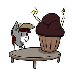 Size: 1920x1920 | Tagged: safe, artist:khaki-cap, imported from derpibooru, oc, oc:khaki-cap, birthday cake, birthday cupcake, cake, collaboration, earth pony oc, food, happy birthday, mega cupcake, simple, smiley face, smiling