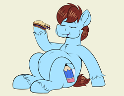 Size: 1890x1465 | Tagged: safe, artist:swiftsketchpone, imported from derpibooru, oc, oc only, oc:swift sketch, earth pony, pony, belly, bhm, big belly, eating, eyes closed, fat, food, male, peanut butter and jelly, sandwich, solo, stallion