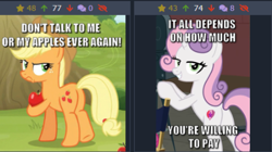 Size: 446x250 | Tagged: safe, edit, edited screencap, imported from derpibooru, screencap, applejack, sweetie belle, earth pony, pony, unicorn, derpibooru, angry, bedroom eyes, bipedal, butt, caption, image macro, juxtaposition, meta, plot, text