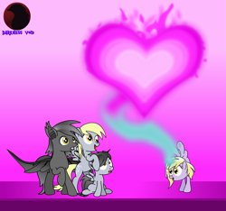 Size: 3059x2865 | Tagged: safe, artist:darktailsko, imported from derpibooru, derpy hooves, dinky hooves, oc, oc:fireworks shadow, oc:silver shadow, bat pony, pony, unicorn, vampire, canon x oc, family, female, foal, gift art, handstand, male, mare, offspring, parent:derpy hooves, parent:oc:silver shadow, parents:canon x oc, shipping, silvergunner, stallion, straight, upside down