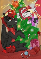 Size: 848x1200 | Tagged: safe, imported from derpibooru, oc, oc only, oc:dark star, oc:spensira black, alicorn, dracony, dragon, hybrid, pony, alicorn oc, christmas, christmas lights, christmas tree, female, holiday, horn, male, male alicorn oc, red and black oc, red eyes, solo, tree