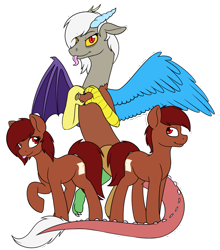 Size: 1745x1979 | Tagged: safe, artist:mynder, imported from derpibooru, discord, oc, oc:penn, oc:penny, draconequus, earth pony, pony, duality, eris, female, heart hands, male, mare, rule 63, simple background, smiling, stallion, tongue out, transparent background, trio