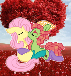 Size: 844x904 | Tagged: safe, artist:doodleponyxx, artist:mlpbasemaker33, imported from derpibooru, fluttershy, tree hugger, earth pony, pegasus, pony, base used, clothes, female, flower, flutterhugger, french kiss, grass, hug, kissing, lesbian, mare, missing cutie mark, shipping, socks, tree