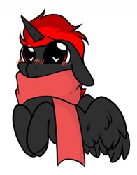 Size: 978x1248 | Tagged: safe, artist:mariashek, imported from derpibooru, oc, oc only, oc:dark star, alicorn, pony, alicorn oc, blushing, clothes, cute, floppy ears, heart eyes, horn, male, ocbetes, red and black oc, scarf, simple background, solo, white background, wingding eyes