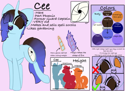 Size: 2430x1779 | Tagged: safe, artist:ceemakesstuff, imported from derpibooru, oc, oc only, oc:cee, pony, unicorn, cutie mark, eye clipping through hair, female, magic, no pupils, reference sheet, text