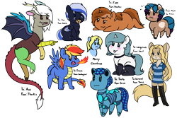 Size: 2200x1469 | Tagged: safe, artist:mynder, imported from derpibooru, discord, oc, oc:art's desire, oc:sandy sketch, oc:sign, oc:starlight twist, draconequus, pegasus, pony, robot, robot pony, unicorn, blushing, eris, fire, pony dragon hybrid, rule 63, simple background, tongue out, transparent background