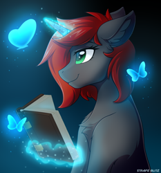 Size: 2118x2271 | Tagged: safe, artist:strafe blitz, imported from derpibooru, oc, oc only, butterfly, pony, unicorn, book, chest fluff, ear fluff, magic, solo