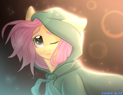 Size: 2784x2160 | Tagged: safe, artist:strafe blitz, imported from derpibooru, fluttershy, pegasus, pony, cape, clothes, cute, ear down, female, high res, hoodie, mare, one ear down, one eye closed, shyabetes, solo