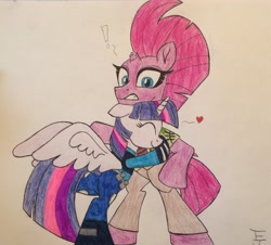 Size: 2422x2187 | Tagged: safe, artist:ejlightning007arts, imported from derpibooru, tempest shadow, twilight sparkle, alicorn, pony, butt, clothes, colored, cute, female, hug, judy hopps, lesbian, love, nick wilde, plot, police uniform, raised leg, shipping, surprised, tempestlight, traditional art, twilight sparkle (alicorn), zootopia