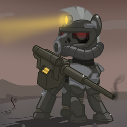 Size: 2500x2500 | Tagged: safe, artist:pizzamovies, imported from derpibooru, oc, oc only, oc:steelhooves, ghoul, pony, undead, fallout equestria, armor, cannon, fallout, glowing eyes, gun, male, power armor, show accurate, solo, stallion, steel ranger, wasteland, weapon