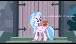 Size: 1024x600 | Tagged: safe, edit, edited screencap, imported from derpibooru, screencap, silverstream, classical hippogriff, hippogriff, school daze, apple, castle, claw hold, closed wing, female, folded wings, food, happy, looking at something, outdoors, raised claw, solo, stairs, text edit, wings