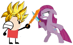 Size: 1347x830 | Tagged: safe, artist:andrewtrm, imported from derpibooru, pinkie pie, oc, oc:andrewtrm, earth pony, human, angry, bipedal, blade, deviantart, dragon ball, dragon ball z, female, fight, knife, mare, pinkamena diane pie, simple background, super saiyan, transparent background