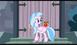 Size: 1024x600 | Tagged: safe, imported from derpibooru, screencap, silverstream, classical hippogriff, hippogriff, school daze, apple, castle, claw hold, closed wing, female, folded wings, food, happy, looking at something, outdoors, raised claw, raised eyebrow, smiling, solo, stairs, teenager, wings