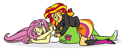 Size: 1280x508 | Tagged: safe, artist:verumteednp, deleted from derpibooru, imported from derpibooru, fluttershy, sunset shimmer, equestria girls, boots, clothes, cute, equestria girls-ified, eyes closed, eyeshadow, female, grin, high heel boots, jacket, laughing, leather jacket, lesbian, makeup, open mouth, shipping, shirt, shoes, simple background, skirt, skirt lift, smiling, socks, sunshyne, t-shirt, tanktop, tickle torture, tickling, transparent background