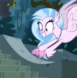 Size: 360x366 | Tagged: safe, edit, edited screencap, imported from derpibooru, screencap, silverstream, classical hippogriff, hippogriff, school daze, castle, close-up, cropped, cute, diastreamies, female, happy, outdoors, pointing, solo, spread wings, stairs, that hippogriff sure does love stairs, wings