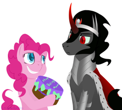 Size: 1000x900 | Tagged: safe, artist:enigmadoodles, imported from derpibooru, king sombra, pinkie pie, cake, food, smiling, text