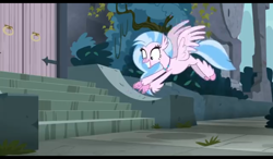 Size: 1024x600 | Tagged: safe, imported from derpibooru, screencap, silverstream, classical hippogriff, hippogriff, school daze, castle, cute, diastreamies, female, happy, outdoors, pointing, solo, spread wings, stairs, that hippogriff sure does love stairs, wings