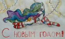 Size: 1080x653 | Tagged: safe, artist:taika403, imported from derpibooru, princess celestia, alicorn, pony, bow, christmas, clothes, cyrillic, female, holiday, present, russian, socks, solo, striped socks, traditional art