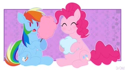 Size: 1150x650 | Tagged: safe, artist:ch-chau, imported from derpibooru, pinkie pie, rainbow dash, earth pony, pegasus, pony, :t, abstract background, cotton candy, cute, dashabetes, diapinkes, duo, eating, eyes closed, female, mare, open mouth, sitting