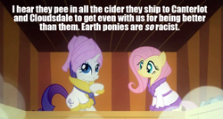 Size: 1155x620 | Tagged: safe, edit, edited screencap, imported from derpibooru, screencap, fluttershy, rarity, pony, unicorn, caption, cider, female, hypocrisy, implied piss drinking, mare, op is a duck, op is trying to start shit, out of character, racism