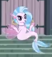 Size: 172x188 | Tagged: safe, imported from derpibooru, screencap, silverstream, hippogriff, seapony (g4), school daze, cropped, female, happy, low quality, outdoors, seapony silverstream, sitting, solo, spread arms, spread fins, stairs