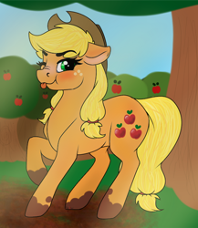 Size: 528x608 | Tagged: safe, artist:honiibree, artist:squigglejot, imported from derpibooru, applejack, earth pony, pony, :p, apple, apple tree, collaboration, cute, female, jackabetes, looking at you, mare, mud, muddy, muddy hooves, nose wrinkle, one eye closed, scrunchy face, solo, tongue out, tree, wink