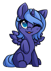 Size: 1280x1792 | Tagged: safe, artist:honiibree, imported from derpibooru, princess luna, alicorn, pony, :p, colored pupils, cute, female, filly, lunabetes, one eye closed, simple background, sitting, solo, tongue out, transparent background, wink, woona, younger